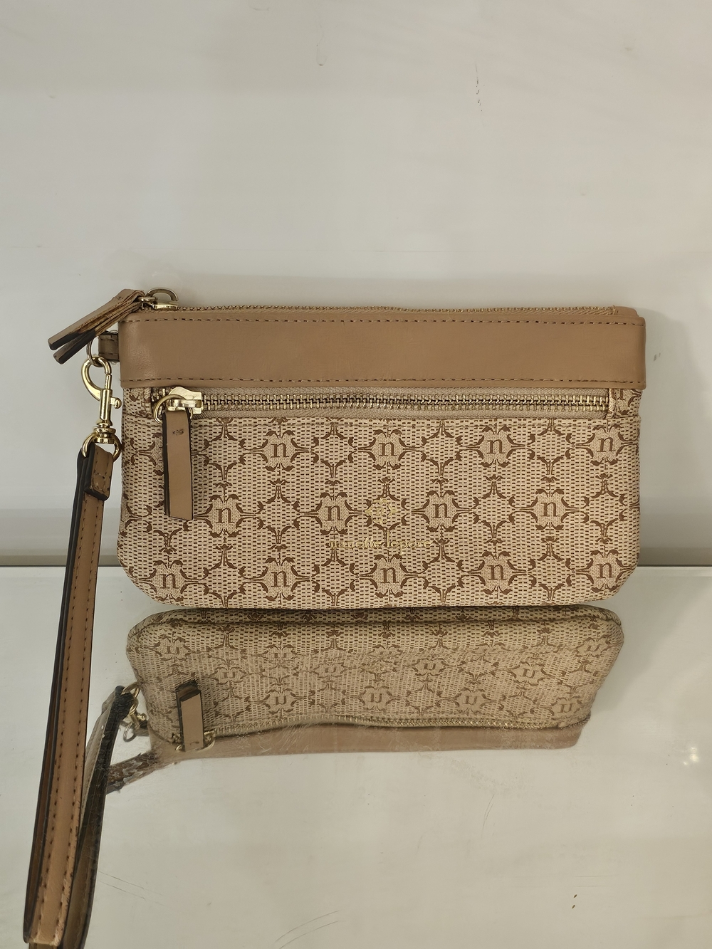 Nanette Lepore Beige Tan Logo Wristlet Clutch